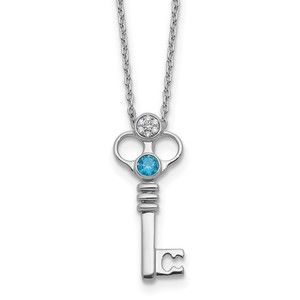 925 Sterling Silver RH Key with Blue Topaz & Diamond 18in Necklace with 2in Ext